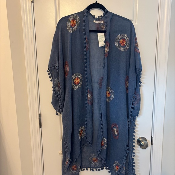Do Everything In Love Blue Pom Pom Bohemian Duster Top Embroidered Floral OS - Picture 1 of 10